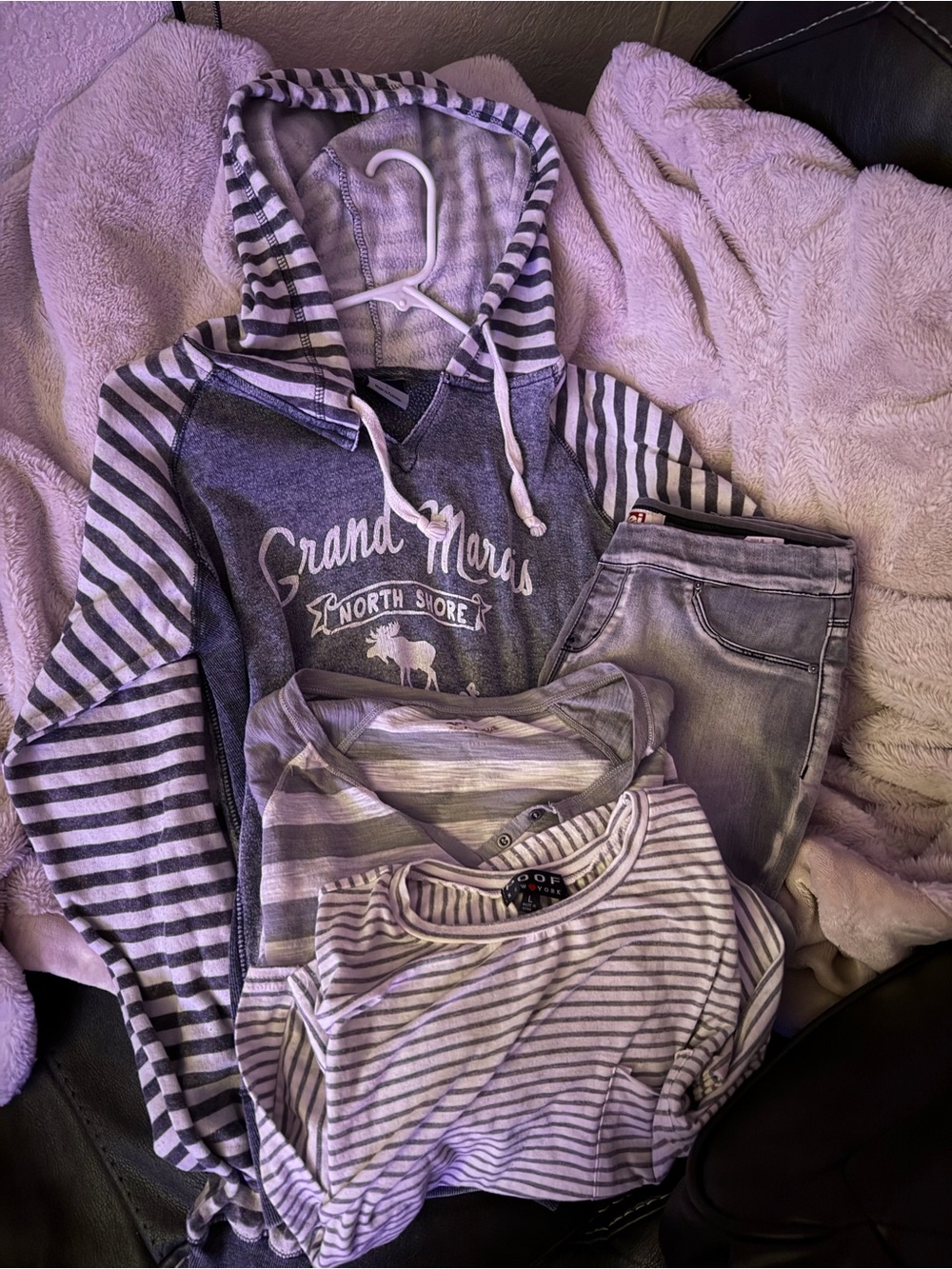 Womens Striped Hooded Pullover and Tops Set in Gray